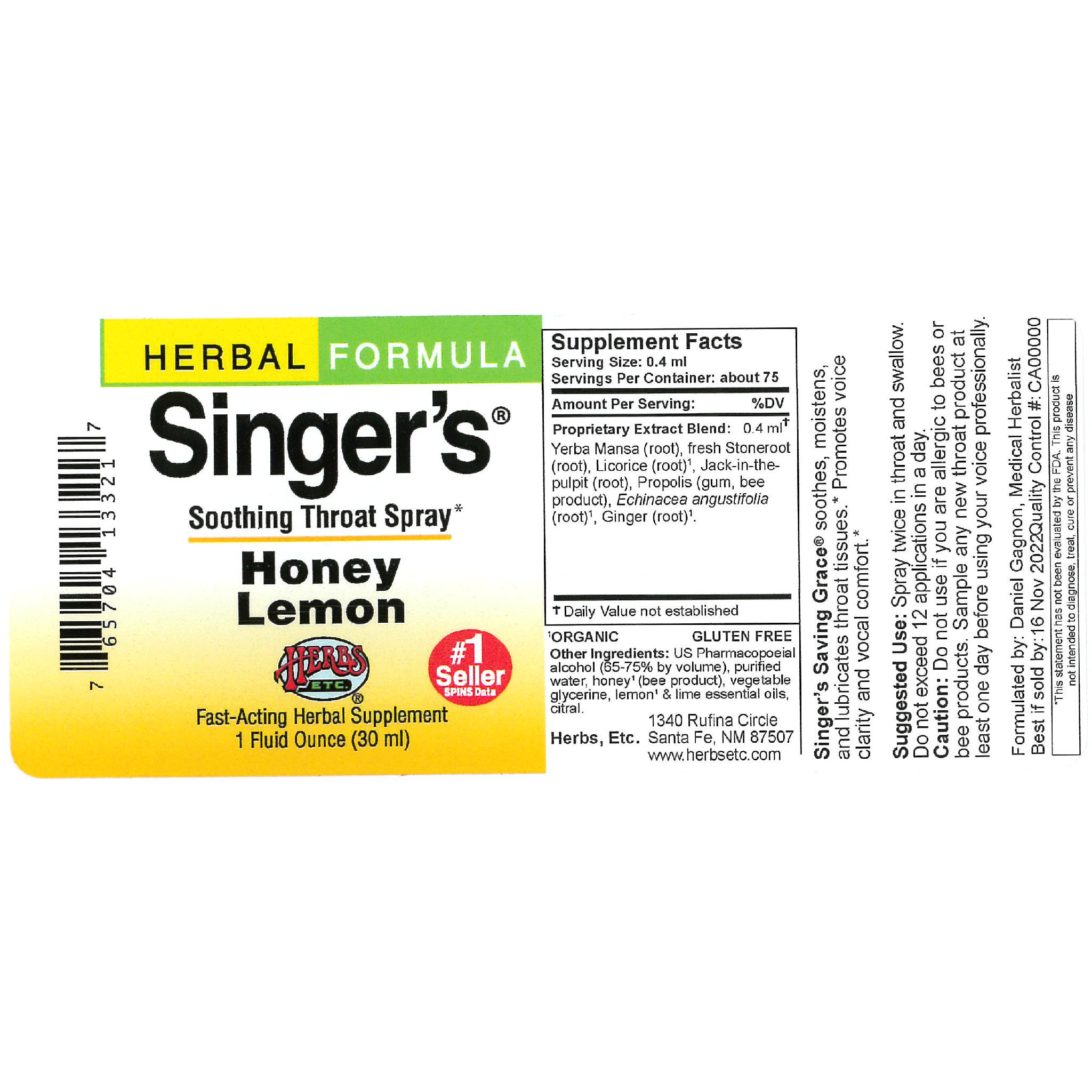 Herbs Etc - Singer'S Sav Gce Honey Lemon